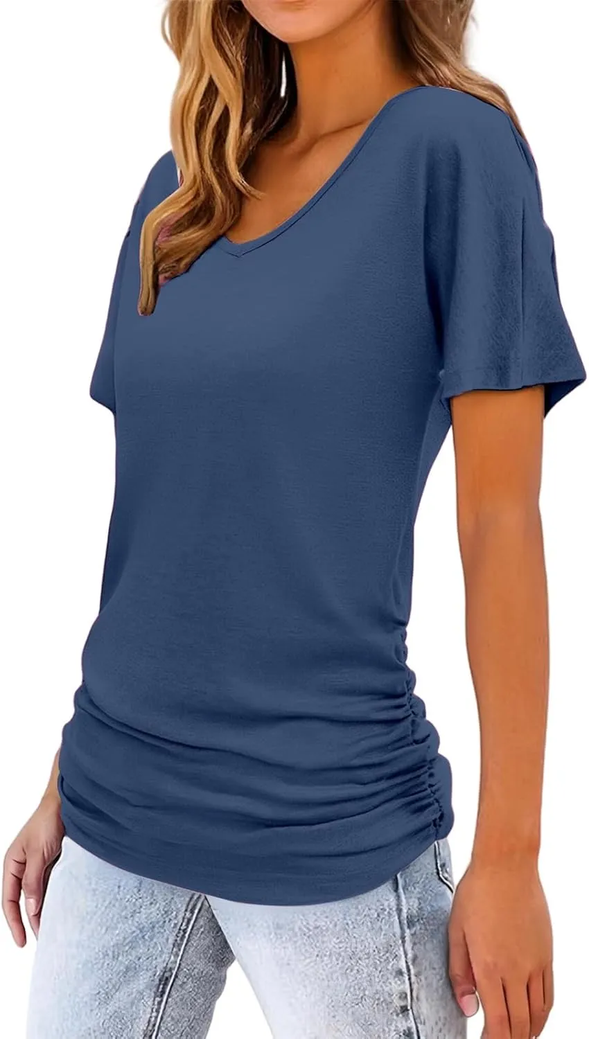 Womens Summer Tops Casual V Neck Short Sleeve T-Shirts Loose Fit Solid Color Tunic Pullover Tops Basic Tee Shirts