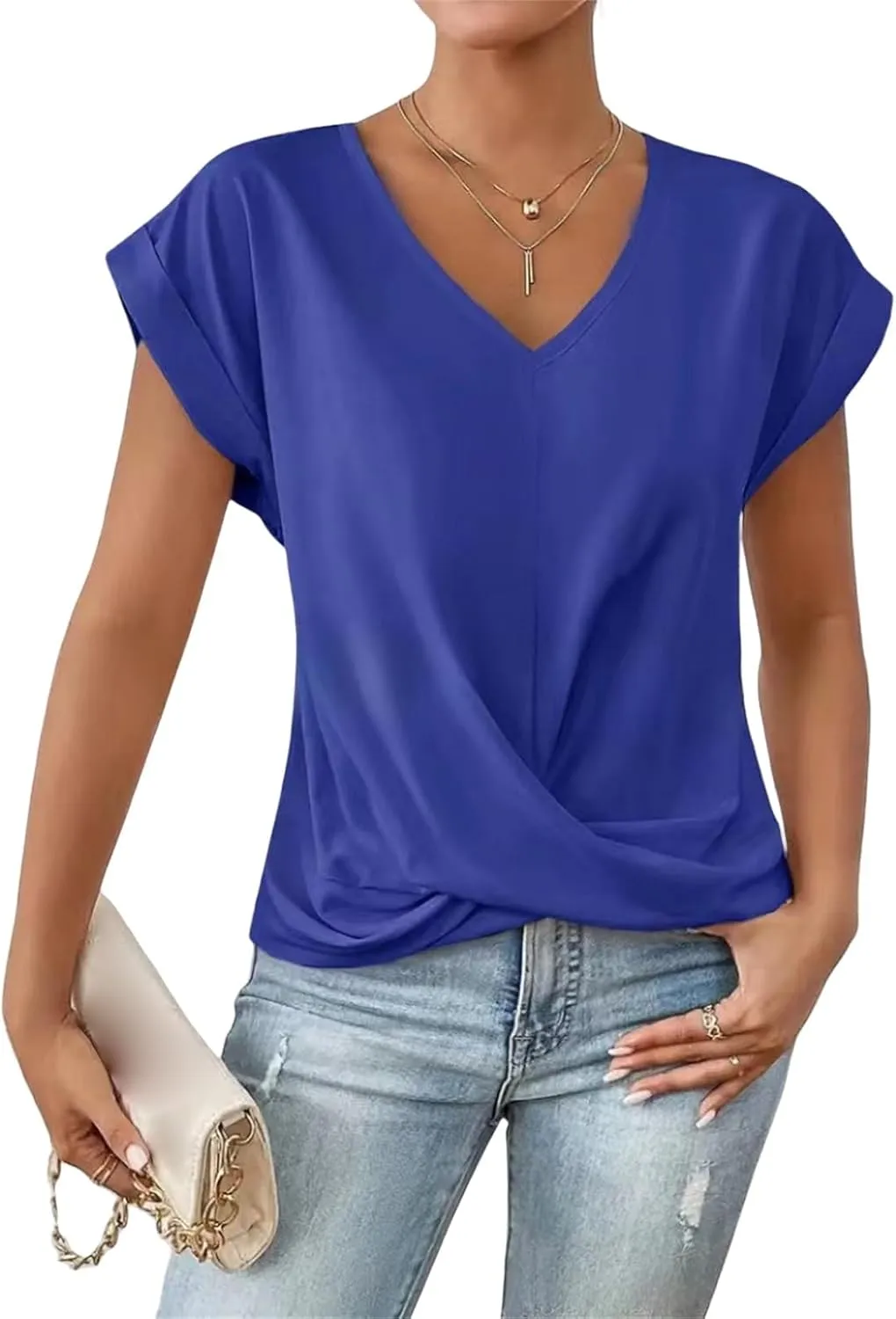 Womens Summer Tops Twist Front Shirt Cap Sleeve V Neck t-Shirts Casual Dressy Shirts Loose Fit tees Elegant Blouses