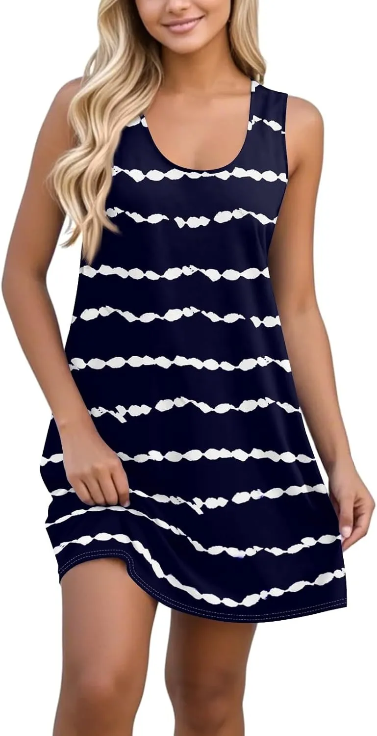 Womens Sun Dresses 2025 Tank Dress Spring Dresses Casual Short Dress Sleeveless Classic Flowy Summer with Pocket