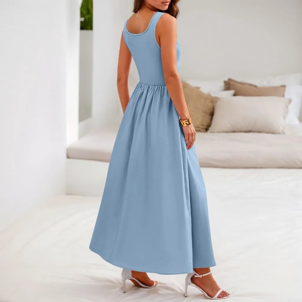 Womens Sundress Tank Dress Summer Dress Elegant Empire Waist Wrap Dresses Sleeveless Dressy A Line Dresses with Pocket