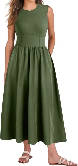 Womens Sundress Tank Dress Summer Dress Elegant Empire Waist Wrap Dresses Sleeveless Dressy A Line Dresses with Pocket