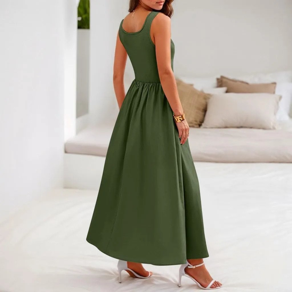 Womens Sundress Tank Dress Summer Dress Elegant Empire Waist Wrap Dresses Sleeveless Dressy A Line Dresses with Pocket