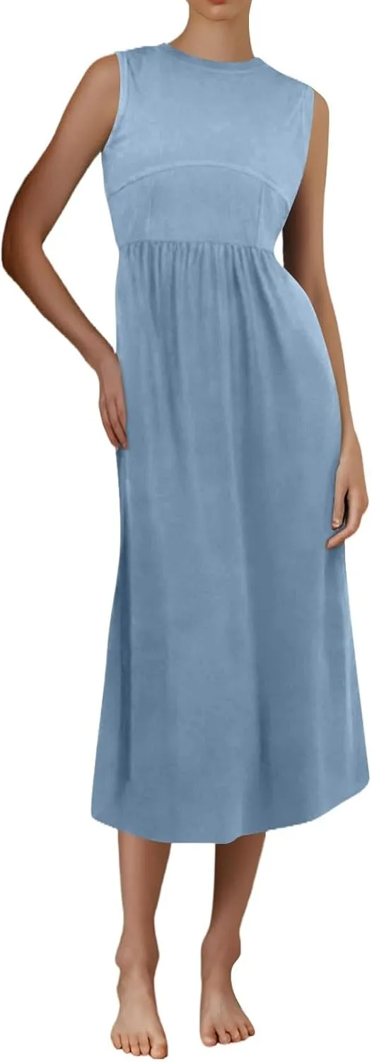 Womens Sundress Tank Dress Summer Dress Elegant Empire Waist Wrap Dresses Sleeveless Dressy A Line Dresses with Pocket