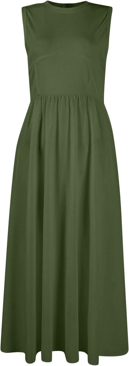 Womens Sundress Tank Dress Summer Dress Elegant Empire Waist Wrap Dresses Sleeveless Dressy A Line Dresses with Pocket
