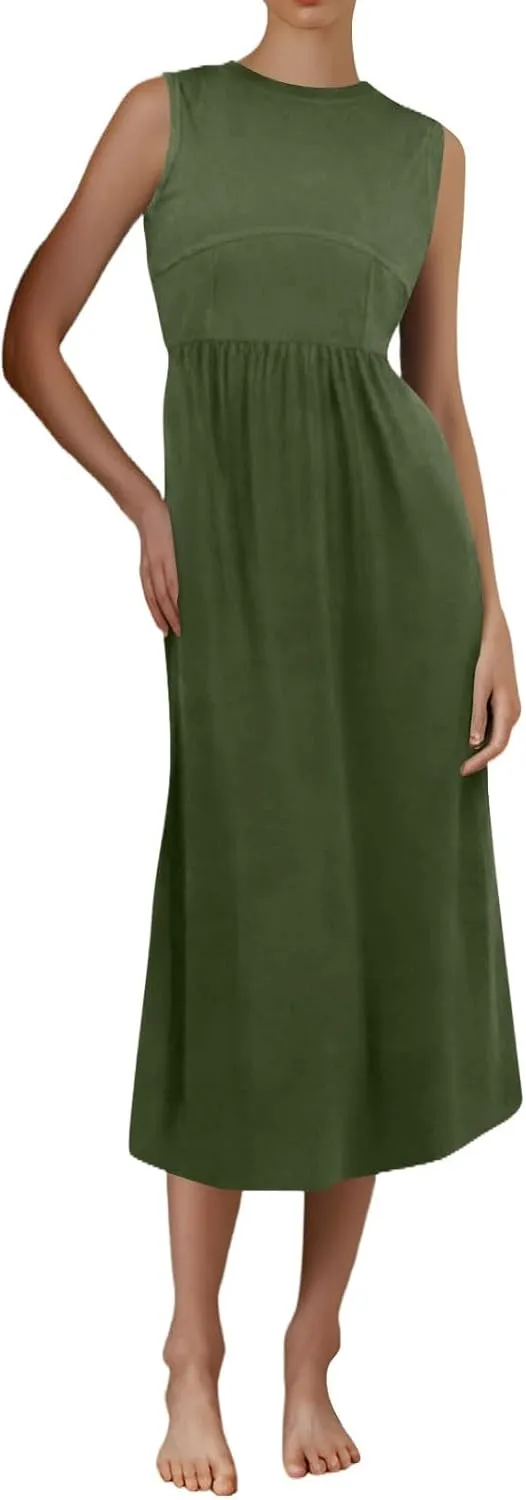 Womens Sundress Tank Dress Summer Dress Elegant Empire Waist Wrap Dresses Sleeveless Dressy A Line Dresses with Pocket