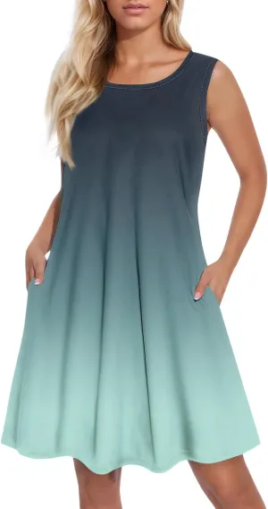 Womens Sundresses Short Tank Dress Spring Casual Dresses Cover Up Sleeveless Beach Flowy Dress Summer with Pocket