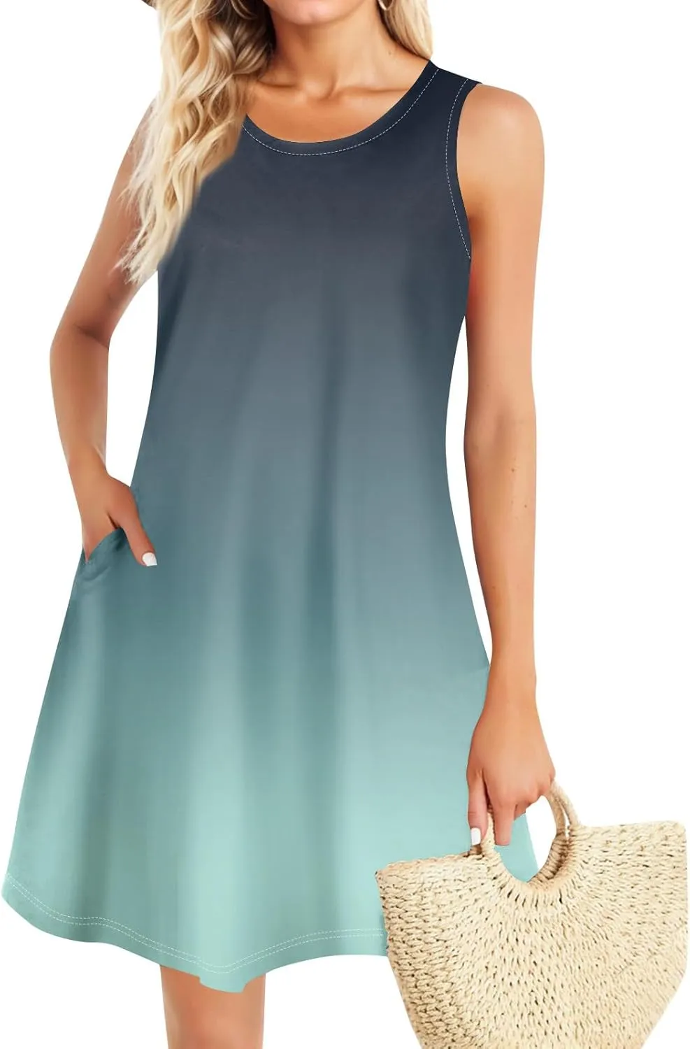 Womens Sundresses Short Tank Dress Spring Casual Dresses Cover Up Sleeveless Beach Flowy Dress Summer with Pocket
