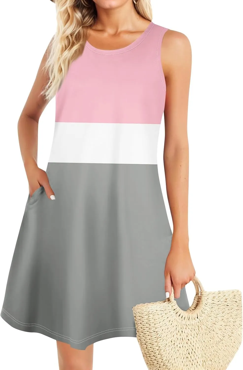 Womens Sundresses Short Tank Dress Spring Casual Dresses Cover Up Sleeveless Beach Flowy Dress Summer with Pocket