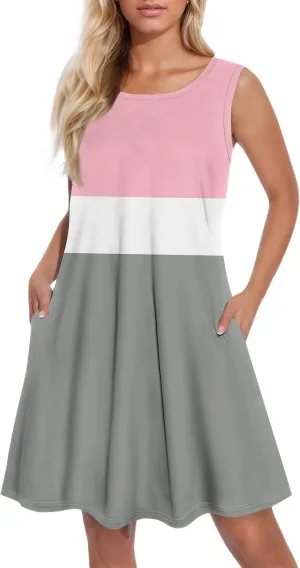 Womens Sundresses Short Tank Dress Spring Casual Dresses Cover Up Sleeveless Beach Flowy Dress Summer with Pocket