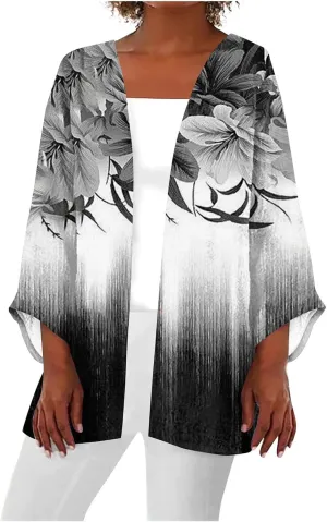 Women's Trendy Vintage Floral Lightweight Cardigan Jacket Plus Size Coat,S-5XL