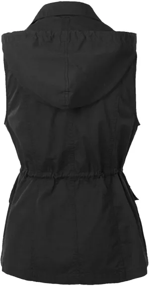 Womens Utility Vest Plus Size Drawstring Waist Military Jacket Casual Button Down Sleeveless Hooded Coat with Pockets