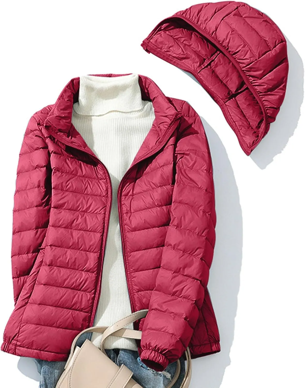 Women's Warm Winter Coats Insulated Lightweight Cropped Puffer Coats Packable Solid Hooded Zipper Down Jackets