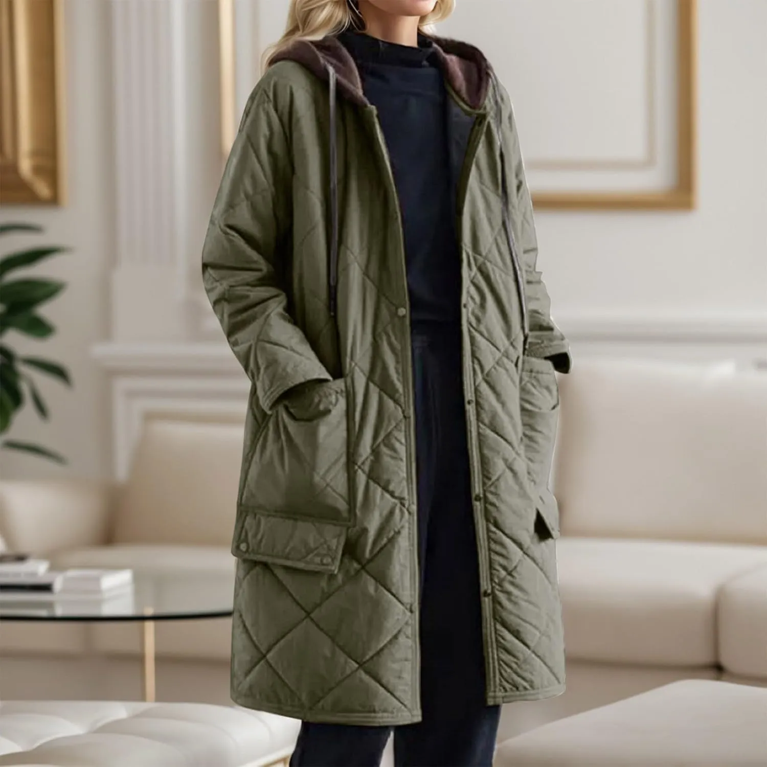 Women's Winter Casual Quilted Jackets with Hood Lightweight Button Down Long Puffer Jacket Outerwear Down Winter Coat
