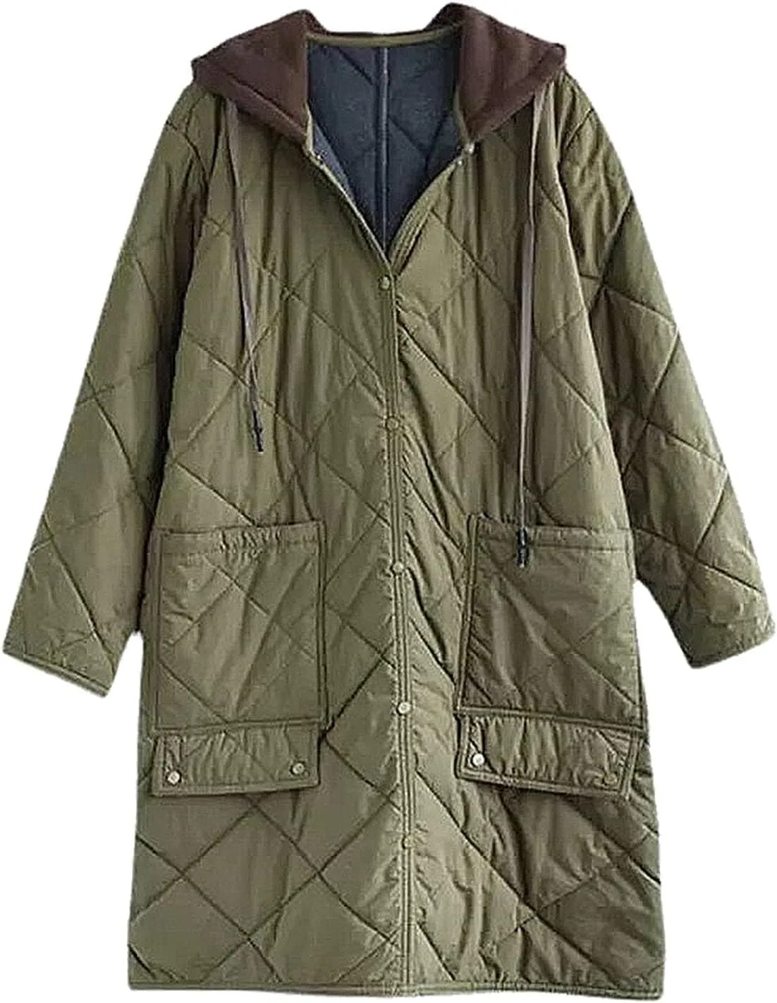 Women's Winter Casual Quilted Jackets with Hood Lightweight Button Down Long Puffer Jacket Outerwear Down Winter Coat