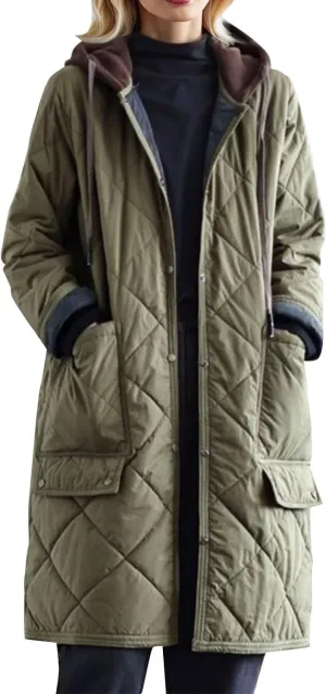 Women's Winter Casual Quilted Jackets with Hood Lightweight Button Down Long Puffer Jacket Outerwear Down Winter Coat