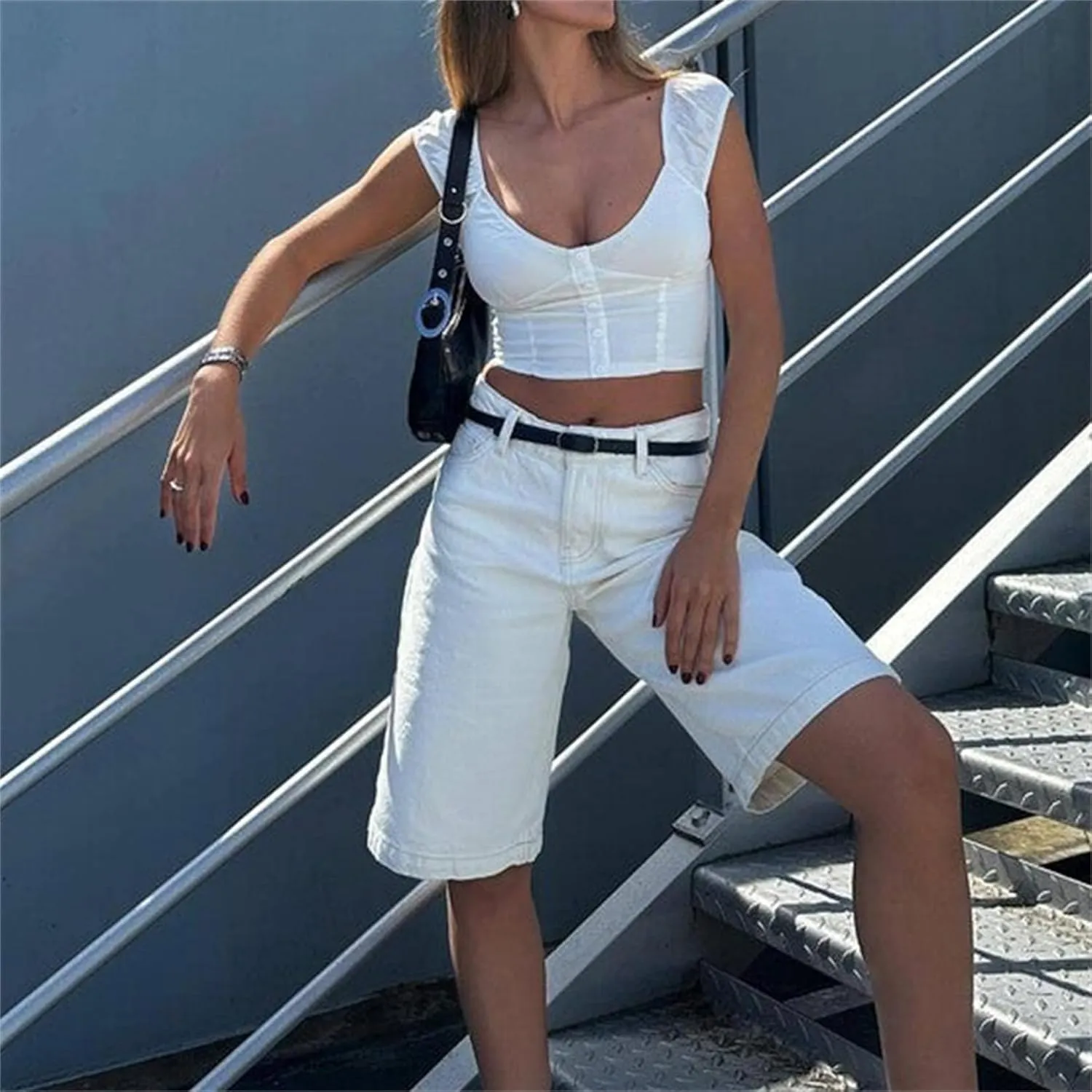 Women's Y2k Carpenter Jean Shorts Casual Loose Fit Wide Leg High Rise Prewashed Denim Jorts Vintage Cow Girl Outfits