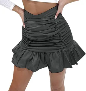 Workout Skirts for Womens Women's Short Mini Skirts Solid Pleated Ruffle Skirt High Waist Hip Wrap Pleated Skirts
