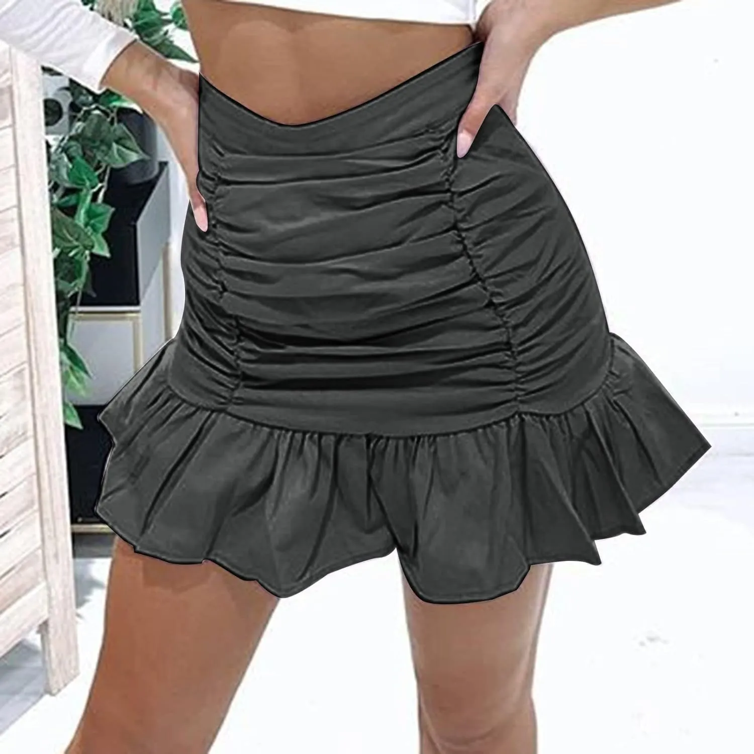 Workout Skirts for Womens Women's Short Mini Skirts Solid Pleated Ruffle Skirt High Waist Hip Wrap Pleated Skirts