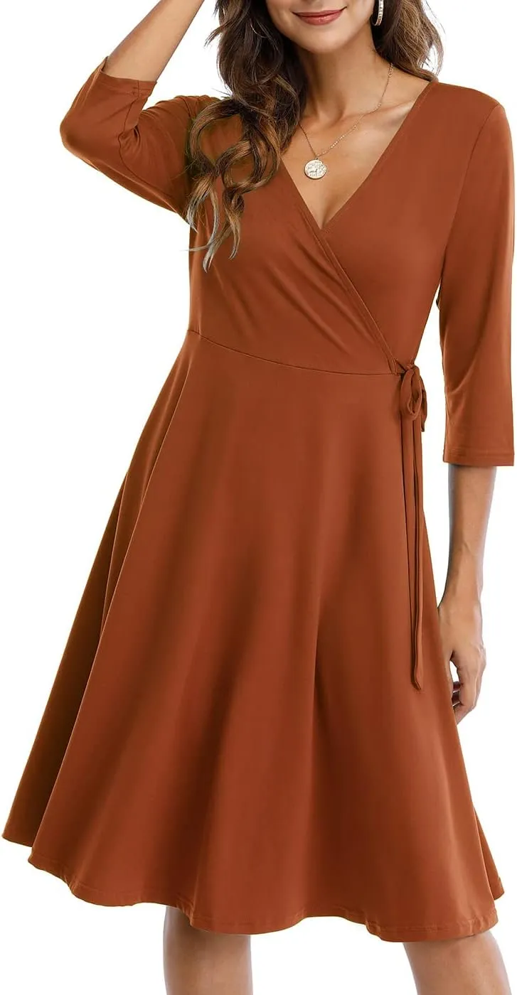 Wrap Dress for Women Casual V Neck Floral Party Swing A-Line Faux Wrap Dresses Midi Length