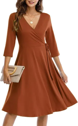 Wrap Dress for Women Casual V Neck Floral Party Swing A-Line Faux Wrap Dresses Midi Length