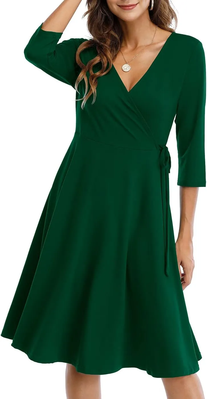 Wrap Dress for Women Casual V Neck Floral Party Swing A-Line Faux Wrap Dresses Midi Length