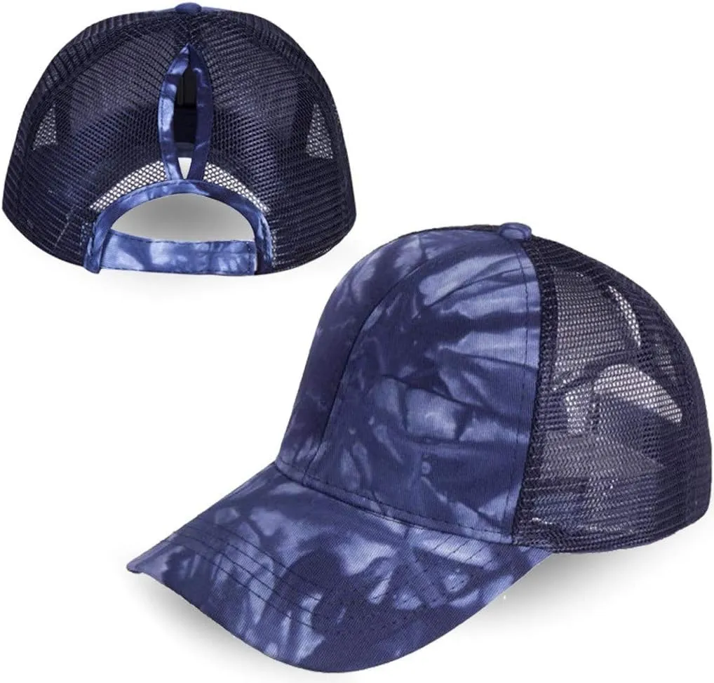 YOLAI Tie-dye Print Ponytail Cap Mesh Breathable Trucker Hat Sunscreen Adjustable Baseball Caps Visors Cap for Men Women