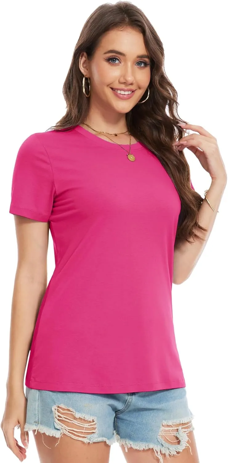YUCOLEN Women's Cotton Short Sleeve Shirts UPF 50  Soft Breathable Crew Neck T-Shirts Basic Tops