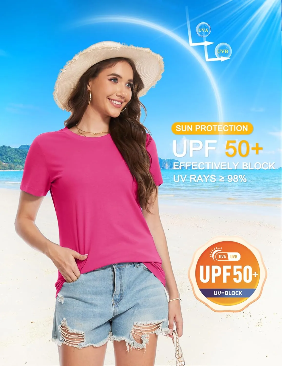 YUCOLEN Women's Cotton Short Sleeve Shirts UPF 50  Soft Breathable Crew Neck T-Shirts Basic Tops