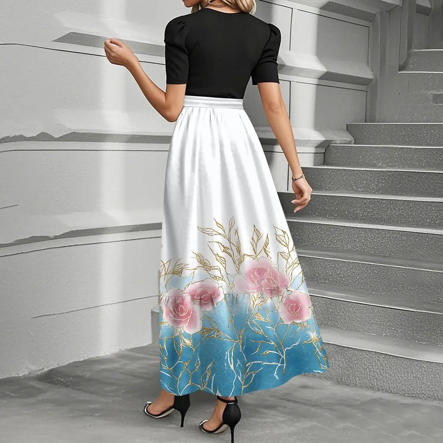 ZEFOTIM Long Dresses for Women 2025 Party Floral Dress Short Sleeve Crew Neck Dresses with Belt
