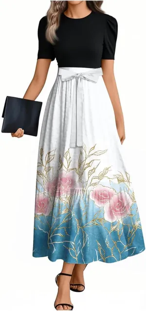 ZEFOTIM Long Dresses for Women 2025 Party Floral Dress Short Sleeve Crew Neck Dresses with Belt