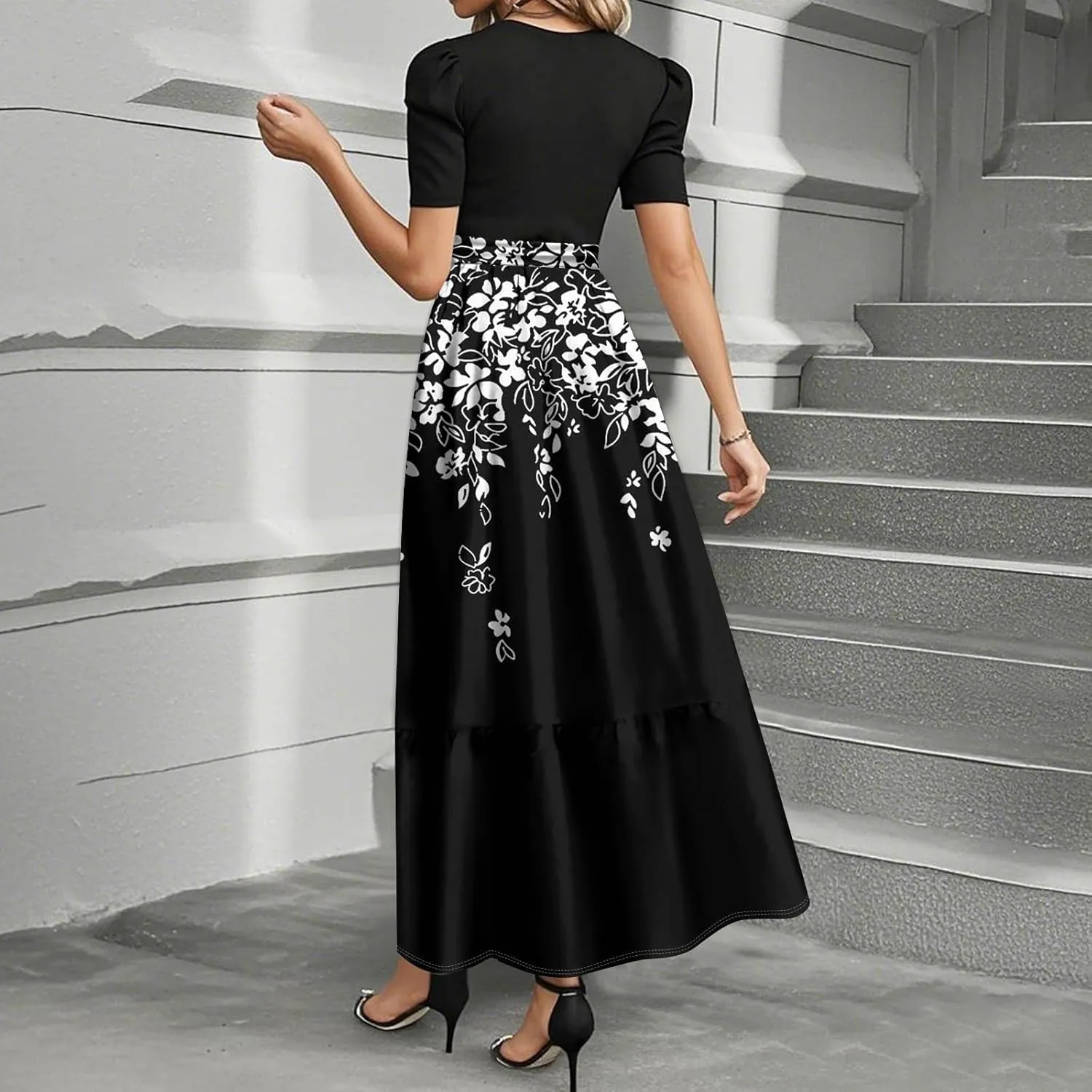 ZEFOTIM Long Flowy Dresses for Women Flowy Floral Dress Short Sleeve Crew Neck Dresses with Belt