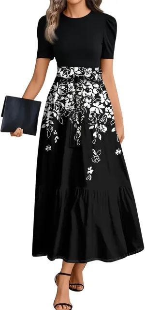 ZEFOTIM Long Flowy Dresses for Women Flowy Floral Dress Short Sleeve Crew Neck Dresses with Belt
